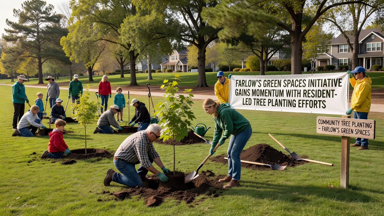 Community volunteers mulching newly planted trees during a Farlow green spaces workday