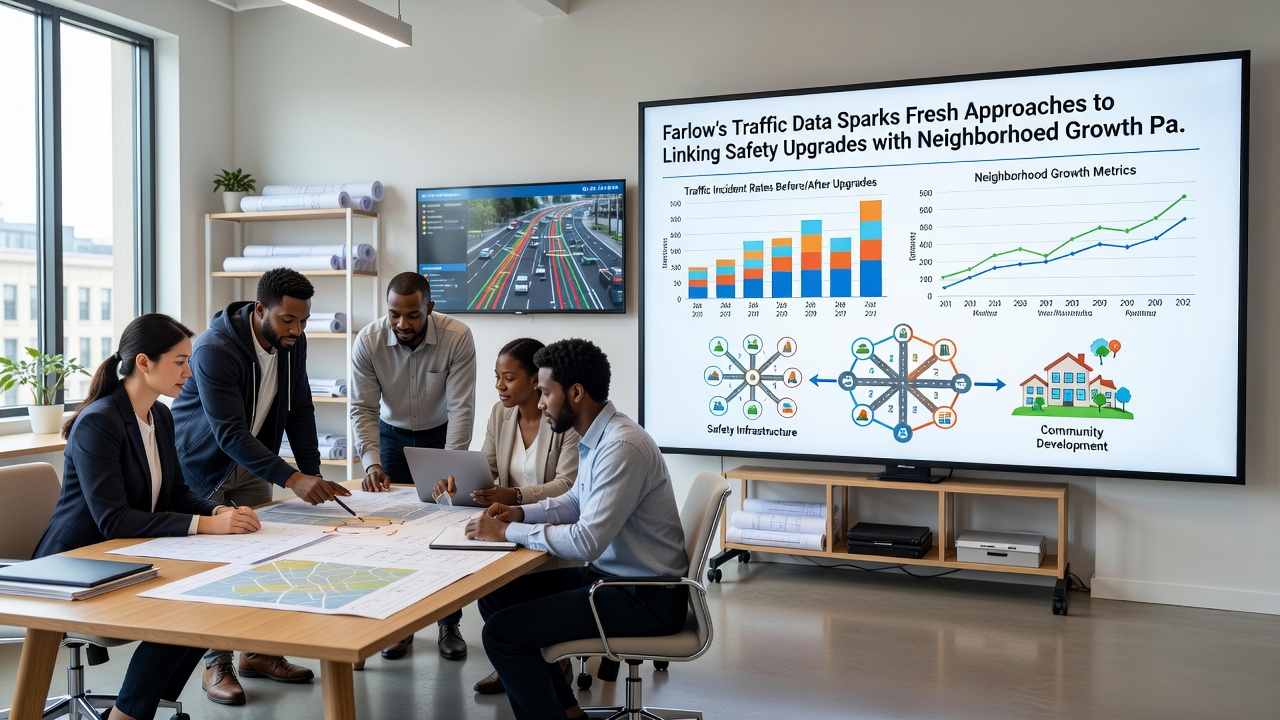 Traffic analysts reviewing digital maps that connect safety upgrades to neighborhood development zones