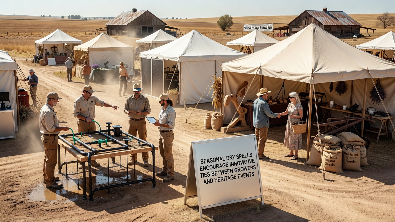 Growers presenting drought-resistant heritage crops at an outdoor heritage festival booth with visitors engaging in educational displays